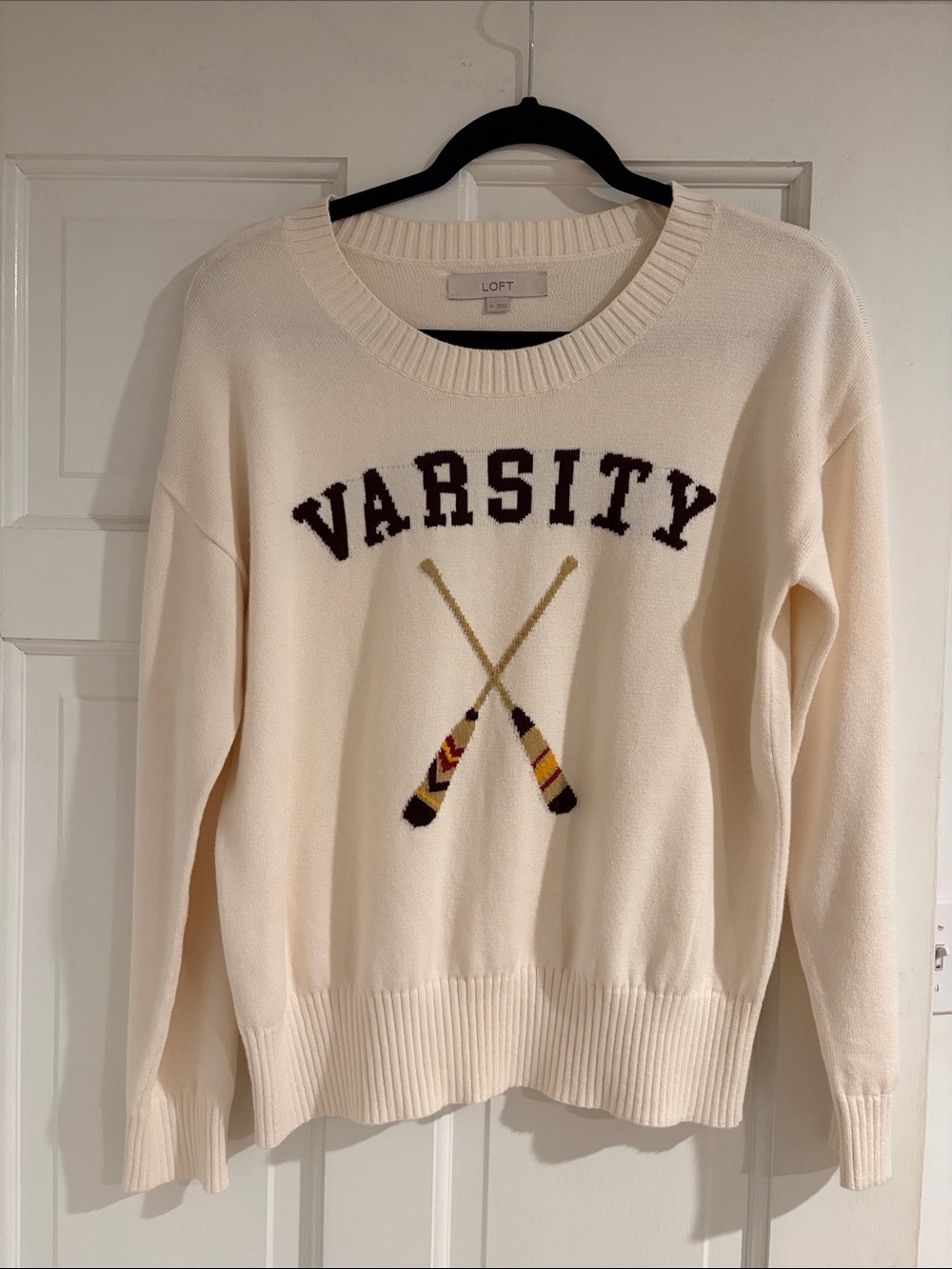 LOFT Cream Crewneck Sweater with Varsity Graphic and Oars